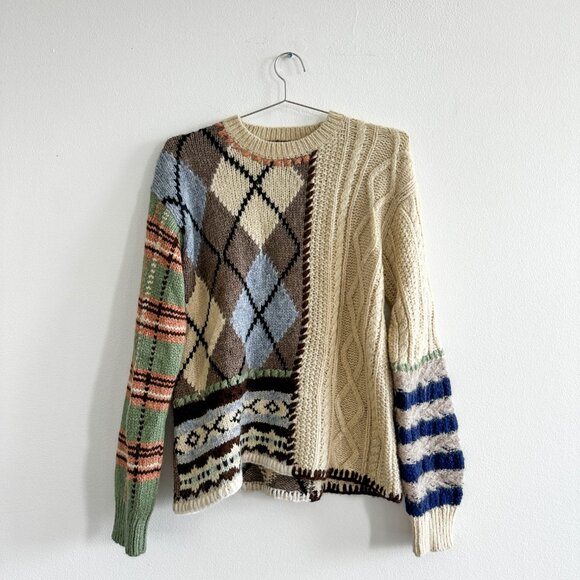 Lingua Franca “Hutton Patchwork Crew” Sweater - Picture 2 of 6